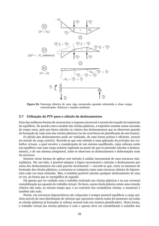 M
4Mp
L
L
3 =
4Mp
3
+
−
−Mp +
4Mp
3 =
Mp
3
+
M
[P = Pu]
−Mp
2Mp
3
Mp+
−
4Mp
L
L
9 =
4Mp
9
4Mp
L
2L
9 =
8Mp
9
4Mp
L
4Mp
L
4Mp
L
4Mp
L
Mr
[P = 0] 2Mp
3 −
4Mp
9 =
2Mp
9
Mp −
8Mp
9 =
Mp
9
Mp
3
Mp
3L
Mp
3L
+
=
[∆P = −Pu (elástico)]
Figura 26: Descarga elástica de uma viga encastrada apoiada submetida a duas cargas
concentradas. Esforços e reações residuais.
3.7 Utilização do PTV para o cálculo de deslocamentos
Uma das melhores formas de caracterizar a resposta estrutural é através do traçado de trajetórias
de equilíbrio. De acordo com o modelo das rótulas plásticas, a trajetória consiste numa sucessão
de troços retos, pelo que basta calcular os valores dos deslocamentos que se observam quando
da formação de cada uma das rótulas plásticas (ou da ocorrência da plastiﬁcação de um tirante).
O cálculo dos deslocamentos pode ser realizado, de uma forma prática e eﬁciente, através
do método da carga unitária. Recorde-se que este método é uma aplicação do princípio dos tra-
balhos virtuais, a qual envolve a consideração de um sistema equilibrado, cujos esforços estão
em equilíbrio com uma carga unitária (aplicada no ponto de que se pretende calcular o desloca-
mento), e de um sistema compatível, onde se observam os deslocamentos e deformações reais
da estrutura.
Existem várias formas de aplicar este método à análise incremental de uma estrutura elas-
toplástica. Por um lado, é possível adoptar a lógica incremental e calcular o deslocamento por
soma dos deslocamentos em cada parcela incremental — recorde-se que, entre os instantes de
formação das rótulas plásticas, a estrutura se comporta como uma estrutura elástica de hiperes-
tatia cada vez mais reduzida. Mas, é também possível calcular qualquer deslocamento de uma
só vez, da forma que se exempliﬁca de seguida.
Há apenas que ter cuidado com o trabalho realizado nas rótulas plásticas e na sua eventual
contabilização na equação do trabalho virtual. De facto, numa rótula plástica existe uma rotação
relativa não nula, ao mesmo tempo que, e ao contrário das verdadeiras rótulas, o momento é
também não nulo.
Porém, em estruturas hiperestáticas não colapsadas é sempre possível equilibrar a carga uni-
tária através de uma distribuição de esforços que apresenta valores nulos do momento em todas
as rótulas plásticas já formadas (e esforço normal nulo em tirantes plastiﬁcados). Desta forma,
o trabalho virtual nas rótulas plásticas é nulo e apenas deve ser contabilizado o trabalho dos
38
 