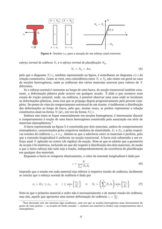 x1
x2
G
σ < σc σ = σc
+ +
N
ε1
EA
Np = Nc
−Np
N < Np N = Np
Figura 4: Tensões σ33 para a atuação de um esforço axial crescente.
esforço normal de cedência Nc e o esforço normal de plastiﬁcação Np,
Nc = Np = Aσc (5)
pelo que o diagrama N(ε), também representado na ﬁgura, é semelhante ao diagrama σ(ε) da
relação constitutiva. Como se verá, esta coincidência entre Nc e Np não existe em geral no caso
de secções heterogéneas, onde as cedências dos vários materiais ocorrem para valores de N
diferentes.
Se o esforço normal é constante ao longo de uma barra, de secção transversal também cons-
tante, a deformação plástica pode ocorrer em qualquer secção. É aliás o que acontece num
ensaio de tração uniaxial, onde, na cedência, é possível observar uma zona onde se localizam
as deformações plásticas, zona essa que se propaga depois progressivamente pelo provete com-
pleto. Do ponto de vista do comportamento estrutural de um tirante, é indiferente a distribuição
das deformações ao longo da barra, pelo que, muitas vezes, se prefere representar a relação
constitutiva axial na forma N(∆l), em vez da forma N(ε).
Embora este texto se foque essencialmente em secções homogéneas, é interessante discutir
o comportamento à tração de uma barra heterogénea constituída pela associação em série de
materiais elastoplásticos.3
A barra representada na ﬁgura 5 é constituída por dois materiais, ambos de comportamento
elastoplástico, caracterizados pelos respetivos módulos de elasticidade, E1 e E2, e pelas respeti-
vas tensões de cedência σc1 e σc2. Admite-se que a aderência entre os materiais é perfeita, pelo
que a extensão longitudinal é uniforme na secção transversal. A barra está submetida a um es-
forço axial N aplicado no centro (de rigidez) da secção. Note-se que se admite que a geometria
da secção é bi-simétrica, incluindo no que diz respeito à distribuição dos dois materiais, de modo
a que o único esforço não nulo seja a tração, independentemente da ocorrência de plastiﬁcação
em qualquer dos materiais.
Enquanto a barra se comporta elasticamente, o valor da extensão longitudinal é dado por
ε =
N
n
i EiAi
(6)
Impondo que a tensão em cada material seja inferior à respetiva tensão de cedência, facilmente
se conclui que o esforço normal de cedência é dado por
σi = Eiε ≤ σci ⇒ ε ≤ min
i
σci
Ei
⇒ Nc =
n
i
EiAi min
i
σci
Ei
(7)
Note-se que o primeiro material a ceder não é necessariamente o de menor tensão de cedência,
mas sim, aquele que apresenta uma menor deformação de cedência εi = σci
Ei
.
3
Esta discussão tem um interesse algo académico, uma vez que as secções heterogéneas mais interessantes do
ponto de vista prático — as secções de betão armado — incluem um material (o betão) cujo comportamento não é
elastoplástico.
9
 