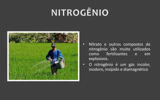 • Nitrato e outros compostos de
nitrogênio são muito utilizados
como fertilizantes e em
explosivos.
• O nitrogênio é um gás incolor,
inodoro, insípido e diamagnético
 