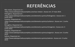 Não-metais, Disponível em :
<http://www.tabelaperiodicacompleta.com/nao-metais>. Acesso em: 27 maio 2014.
Hidrogênio, Disponível em :
<http://www.tabelaperiodicacompleta.com/elemento-quimico/hidrogenio>. Acesso em: 1
Junho 2014.
Carbono, Disponível em :
<http://www.tabelaperiodicacompleta.com/elemento-quimico/carbono>. Acesso em: 1 Junho
2014.
Nitrogênio, Disponível em :
<http://www.tabelaperiodicacompleta.com/elemento-quimico/nitrogenio>. Acesso em: 3
Junho 2014.
Oxigênio, Disponível em :
<http://www.tabelaperiodicacompleta.com/elemento-quimico/oxigenio>. Acesso em: 3 Junho
2014.
Selênio, Disponível em :
<http://www.tabelaperiodicacompleta.com/elemento-quimico/selenio>. Acesso em: 3 Junho
2014.
 