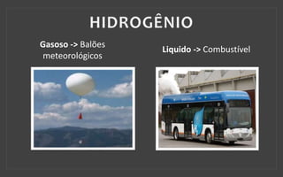 Gasoso -> Balões
meteorológicos
Liquido -> Combustível
 