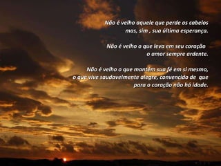 Não é velho aquele que perde os cabelos mas, sim , sua última esperança.   Não é velho o que leva em seu coração  o amor sempre ardente. Não é velho o que mantém sua fé em si mesmo, o que vive saudavelmente alegre, convencido de  que para o coração não há idade. 