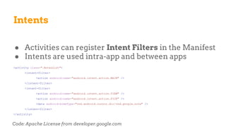 Intents
● Activities can register Intent Filters in the Manifest
● Intents are used intra-app and between apps
<activity class=".NotesList">
<intent-filter>
<action android:name="android.intent.action.MAIN" />
</intent-filter>
<intent-filter>
<action android:name="android.intent.action.VIEW" />
<action android:name="android.intent.action.PICK" />
<data android:mimeType="vnd.android.cursor.dir/vnd.google.note" />
</intent-filter>
</activity>
Code: Apache License from developer.google.com
 