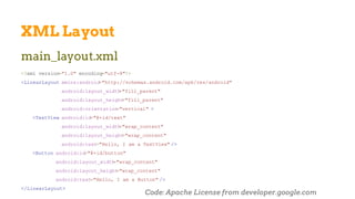 XML Layout
main_layout.xml
<?xml version="1.0" encoding="utf-8"?>
<LinearLayout xmlns:android="http://schemas.android.com/apk/res/android"
android:layout_width="fill_parent"
android:layout_height="fill_parent"
android:orientation="vertical" >
<TextView android:id="@+id/text"
android:layout_width="wrap_content"
android:layout_height="wrap_content"
android:text="Hello, I am a TextView" />
<Button android:id="@+id/button"
android:layout_width="wrap_content"
android:layout_height="wrap_content"
android:text="Hello, I am a Button" />
</LinearLayout>
Code: Apache License from developer.google.com
 
