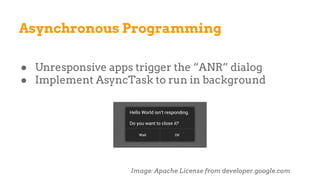Asynchronous Programming
● Unresponsive apps trigger the “ANR” dialog
● Implement AsyncTask to run in background
Image: Apache License from developer.google.com
 