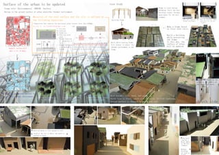 Roof becomes tile, wood, and green.
North face is black, south side is white, Unified landscape.
Ground surface is changed to green and soil.
Design to the ground surface of urban adjustthe thermal environment.
Roof are green or tile, ground is soil.
South of the city is white, the north is
unified in black.
Big build
-ing has a
major impact
on the envi
-ronment.
Between
buildings
are used as
Asphalt surface will
emit a lot of heat.
By changing the ground surface to
form a good thermal environment.
South side
North side
Usage rule: Environmental GROUND Surface
Surface of the urban to be updated
2100
Ss
Ss
Sw
Sg
S?1/xS-Ss-Sg?1/yw



=10.56
Heat load of asphalt Heat load of Soil
Asphalt Soil
Value to be equal to the heat load of asphalt and soil.
?Expression that controls the horizontal plane texture (less than 2100mm).
Material of the roof surface and the site is defined by
the following equations.
1,Make a frame based on
floor area ratio.?
5,Leaves a frame when
break the building.
6,Reuse the frame, reduce
environmental impact.
3,Using a frame, Changing
the fittings depending
on the season and weather.
4,Set the brightness of
the material.
N
Existing frame
Frame is leave during
breaking. Until the next
building stands, becomes
good space for the envi
ronment.
Built while reusing frame.
Give joinery to adjust the
thermal environment in the
frame.
Diagram
Case Study
2,Design the surface solar
radiation based on the frame.
Build a building
while preserving
the frame.
In this way, the
surface of urban
will be updated.
Open space aggravate the
thermal environment.
Move the furniture, makes
good place for the envi
-ronment.
S
Sg
Ss
Sw
x
y
Site area
Green area
Shadow area
Other area except
green
Thermal coefficient
ofthe material of
the S
Thermal coefficient
of the material to
be used
ex)
When the heat of solar radiation surface exceeds the specified value,
1,Change to materials that are difficult to generate heat.
2,Reduce the area to generate heat.
Make a frame based
on floor area ratio.
Making the rules of the
color on thewalls of
the north and south.
12
 