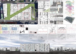 (m)
104000
55000
EV
AA
Shop
Shop
Shop
SK
EV
EV
Place the collective housing on
each city block. Currently life in
the house has been completed.There
-fore, we should connect to the
urban through a city block from
the house.
This district has a temple in
each city block. Each temple have
a approach,but there is no ap
-proach in site of setting. So ex
-tend approach from the road to
the temple.
The lands of this area are long
and narrow, pitch of buildings are
also narrow. Therefore, there are
margin that does not have the capa
bility.Integrate the margin and
subdivided.
Along the way, there are a lot of
shops. This is remaining of the
Edo era. Those historical stores
are important.
This area is close to the city,
so there are high-rise building.
On the other hand, there are low
-rise wooden densely, there is no
unity. Requires a certain degree
unity of volume.
So many car pass in main road of
the old. But the alley has been
used by people.Planting and bicy
-cle are placed in alley, the peo
-ple life will be visible.
There are many shop & house, be
-cause it was a town of merchants.
In addition, the form of tenement
with depth and narrow frontage is
characterized. Tenement is repre
-sent the history of this area.
There are hangout in the alley.
People gather to hangout, share
the space. Create a space like
hangout.
?Histric axis?Unity for each city block ?Shop & Housing ?Continuity of the volume?Margin integrated and sub
-division.
?Alley ?Form of tenement ?Hangout
1F Arrangement Plan
30 6 12 24
(m)
N
EV
1
1
22
A-ASection
2.Shared garden.Made near the main street, to
promote the use.
1.Make the connection of upper and lower floors.
Create a three\dimensional relationship.
Shop & Housing
Shop & Housing
Shop & Housing
Shop & Housing
Shop & Housing
Shop
Shop
Shop
House
Shop&House
Collective
housing
Commerce
Other
Parking
Hospital,School
Temple,etc...
Use of building
Number of Stairs
Road width
Structure
1F
2F
3F
4F
5F 
Non-wooden
Wooden
4~Below 6m
6~Below 8m
8~Below11m
More
Below 4m
Constitution
Aramachi new fabric
3.Shop & Housing. Pro
-vide a shop&house for
each city block.
4.Make a migratory. Var
ious movements should
be present.
5.Between the house is
the garden. Activities
and life will be visual
-ized.
6.Corridor is not just
the flow line. Planting
is placed, people will
extend the area of life.
14
 