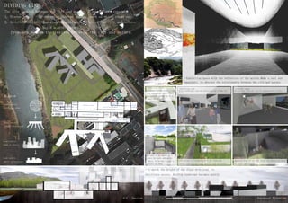 DIVIDING LINE
Diagram
The site located between the city and nature, I set the two concepts.
1, Discontinuity - By severing the two things, each of which stand out.
2, Architectur-ize - Captures the characteristics of the city and nature,
build a architecture.
Southeast ElevationA-A Section
Looks chaotic,
nature has order.
Looks chaotic,
orderly architecture.
Looks orderly,
urban is chaotic.
Looks orderly,
chaotic architecture.
25100
(m)
0 100
?To match the height of the floor with road, to
facilitate access. Rooftop landscape becomes gently.
?Exhibition space
Different volume create a vari
-ety exhibition space. There
are outdoor exhibition in be
-tween the volume.
?Exhibition room
Show a different look by reflection and volume and
depth.
?Corridor image
Moving away from the city by underground corridor.
Proposed museum that exists between the city and nature.
A
A
Meeting room
Curator room
Darkroom
Machine room
Air-conditioned room
Copy room
Office Reference
room
Hot water
supply room
EV
EV
SK
0
Collection chamber
Fumigation
chamber
Repair room
Cargo roomUnloading
chamber
Wind removal
chamberReception
Shop
Entrance hole
Exhibition room
Exhibition roomOutdoor
exhibition
Outdoor
exhibition
Exhibition room Exhibition room
Exhibition room
Be open to the public as a
place for music and perfor
-mance. It becomes screen to
project an image.
Architecture is integrated with the landscape.
Connect road and the roof, it will lead the people.
Approach from the outside. Enjoy the exhibition space
at inside and outside.
?Exhibition space with the reflection of the mirror.Make a real and
imaginary, to obscure the relationship between the city and nature.
16
 