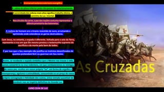 • Emmanuelesclareceestetextoevangélico
• A calmado planoinferiorpodenãopassardeestacionamento.
• Aserenidadedasesferasmaisaltassignifica trabalho divino, a
caminho da Luz Imortal.
• Noscírculosda carne,apazdasnaçõescostumarepresentar o
silêncioprovisóriodasbaionetas;
A realeza do homem era a tirania revestida de ouro, arruinando e
oprimindo onde estendesse as garras destruidoras.
Com Jesus, no entanto, a espada é diferente. Voltada para o seio da Terra,
representa a cruz em que Ele mesmo prestou o testemunho supremo do
sacrifício e da morte pelo bem de todos.
É por isso que o Seu exemplo não justifica os instintos desenfreados de
quantos pretendam ferir ou guerrear em Seu nome.
Assim, se recebeste a espada simbólica que o Mestre nos trouxe à vida,
vamos convertê-la na cruz redentora, em que combateremos os inimigos
de nossa paz, ocultos em nosso próprio “eu”, em forma de orgulho e
intemperança, egoísmo e animalidade, consumindo-os ao preço de nossa
própria consagração à felicidade dos outros, única estrada suscetível de
conduzir-nos ao império definitivo da Grande Luz.
LIVRO CEIFA DE LUZ
 