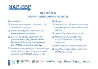 NAP	
  PROCESS	
  
OPPORTUNITIES	
  AND	
  CHALLENGES	
  
Opportuni*es	
  
"  Greater	
  awareness	
  of	
  climate	
  risks	
  at	
  
decision-­‐making	
  level	
  
"  Development	
  goals	
  sensiHve	
  to	
  CC:	
  
PDES,	
  NaEonal	
  CC	
  Policy	
  
"  Greater	
  on-­‐going/	
  upcoming	
  entry	
  
points:	
  Vision	
  2035,	
  Review	
  of	
  the	
  
NaEonal	
  CC	
  Strategy,	
  ElaboraEon	
  of	
  
the	
  IWRM	
  process,	
  3	
  N	
  IniEaEve	
  
"  Beaer	
  mainstreaming	
  of	
  climate	
  change	
  
in	
  naHonal	
  and	
  local	
  programmes	
  and	
  
projects:	
  NAPA,	
  NGO	
  IniHaHves,	
  	
  etc.	
  
Challenges	
  
"  CoordinaHon	
  of	
  insHtuHonal	
  actors	
  
and	
  synergies	
  between	
  adaptaHon	
  
acHviHes	
  	
  
"  Ownership	
  of	
  the	
  NAP	
  process	
  
"  Mainstreaming	
  Climate	
  into	
  
naHonal/	
  sectorial	
  planning/	
  
budgeHng	
  	
  
"  MobilizaHon	
  of	
  external	
  resources	
  	
  
"  Insuﬃcient	
  capacity	
  to	
  implement	
  
CC	
  Mainstreaming	
  	
  
 