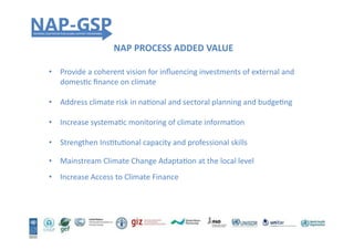 NAP	
  PROCESS	
  ADDED	
  VALUE	
  
•  Provide	
  a	
  coherent	
  vision	
  for	
  inﬂuencing	
  investments	
  of	
  external	
  and	
  
domesHc	
  ﬁnance	
  on	
  climate	
  
•  Address	
  climate	
  risk	
  in	
  naHonal	
  and	
  sectoral	
  planning	
  and	
  budgeHng	
  
•  Increase	
  systemaHc	
  monitoring	
  of	
  climate	
  informaHon	
  
•  Strengthen	
  InsHtuHonal	
  capacity	
  and	
  professional	
  skills	
  
•  Mainstream	
  Climate	
  Change	
  AdaptaHon	
  at	
  the	
  local	
  level	
  
•  Increase	
  Access	
  to	
  Climate	
  Finance	
  	
  
 