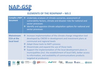 ELEMENTS	
  OF	
  THE	
  ROAPMAP	
  –	
  WS	
  2	
  
Compile	
  a	
  NAP	
  
document	
  
!  Undertake	
  analyses	
  of	
  climate	
  scenarios,	
  assessment	
  of	
  
vulnerability	
  factors,	
  climate	
  and	
  disaster	
  risks	
  for	
  naHonal	
  and	
  
sector	
  processes	
  
!  IdenHfy	
  and	
  appraise	
  climate	
  adaptaHon	
  opHons	
  for	
  naHonal	
  and	
  
sector	
  processes	
  
Mainstream	
  
CCA	
  at	
  the	
  
local	
  level	
  
!  Increase	
  implementaHon	
  of	
  the	
  climate	
  change	
  integraHon	
  tool	
  
developed	
  by	
  CNEDD	
  in	
  development	
  and	
  investment	
  plans	
  at	
  
communal	
  and	
  regional	
  levels	
  
!  Adapt	
  those	
  tools	
  to	
  NAP’s	
  process	
  	
  
!  Disseminate	
  and	
  expand	
  the	
  use	
  of	
  those	
  tools	
  
!  Support	
  the	
  implementaHon	
  of	
  the	
  local	
  development	
  plans	
  in	
  
municipaliHes	
  (incl.	
  the	
  establishment	
  of	
  local	
  EWS,	
  beaer	
  access	
  
to	
  informaHon,	
  and	
  availability	
  of	
  communicaHons	
  products	
  
targeted	
  at	
  producers)	
  
 