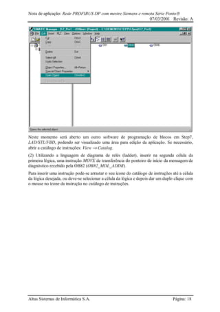 Nota de aplicação: Rede PROFIBUS DP com mestre Siemens e remota Série Ponto
07/03/2001 Revisão: A
Altus Sistemas de Informática S.A. Página: 18
Neste momento será aberto um outro software de programação de blocos em Step7,
LAD/STL/FBD, podendo ser visualizado uma área para edição da aplicação. Se necessário,
abrir a catálogo de instruções: View → Catalog.
(2) Utilizando a linguagem de diagrama de relés (ladder), inserir na segunda célula da
primeira lógica, uma instrução MOVE de transferência do ponteiro de início da mensagem de
diagnóstico recebido pela OB82 (OB82_MDL_ADDR).
Para inserir uma instrução pode-se arrastar o seu ícone do catálogo de instruções até a célula
da lógica desejada, ou deve-se selecionar a célula da lógica e depois dar um duplo clique com
o mouse no ícone da instrução no catálogo de instruções.
 