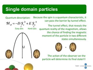 Single domain particles
Quantum description:    Because the spin is a quantum characteristic, it
                                 can pass the barrier by tunnel effect.
                                      The tunnel effect, that reveals the
       Easy axis   Hard axis   quantum reality of the magnetism, allows
                                     the chance of finding the magnetic
                                 moment of the particle in two different
                                                   states simultaneously.

               U                                       +



                                      The action of the observer on the
                                 particle will determine its final state!!!
 