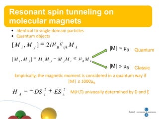 Resonant spin tunneling on
molecular magnets
• Identical to single domain particles
• Quantum objects
[M i , M j ]            2i              M
                             B    ijk       k               |M| ~ μB   Quantum
[M i , M j ]    M iM     j
                              M jM i            B
                                                    M   k

                                                            |M| » μB   Classic
 Empirically, the magnetic moment is considered in a quantum way if
                            |M| ≤ 1000μB
                    2             2
H   A
               DS   z
                             ES   x
                                        M(H,T) univocally determined by D and E
 