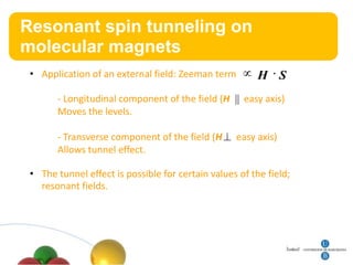 Resonant
Título   spin tunneling on
molecular magnets
 • Application of an external field: Zeeman term         H S
       - Longitudinal component of the field (H || easy axis)
       Moves the levels.

       - Transverse component of the field (H      easy axis)
       Allows tunnel effect.

 • The tunnel effect is possible for certain values of the field;
   resonant fields.
 