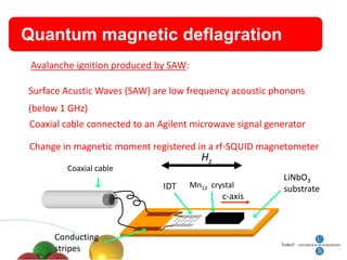 Quantum magnetic deflagration
 Avalanche ignition produced by SAW:

Surface Acustic Waves (SAW) are low frequency acoustic phonons
(below 1 GHz)
Coaxial cable connected to an Agilent microwave signal generator

Change in magnetic moment registered in a rf-SQUID magnetometer
                                          Hz
         Coaxial cable
                                                          LiNbO3
                               IDT     Mn12 crystal       substrate
                                               c-axis



      Conducting
      stripes
 