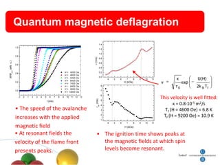 Quantum magnetic deflagration



                                                                  κ          U(H)
                                                        v             exp
                                                                 τ0         2k B T f

                                                        This velocity is well fitted:
                                                                 κ = 0.8·10-5 m2/s
• The speed of the avalanche                                 Tf (H = 4600 Oe) = 6.8 K
increases with the applied                                  Tf (H = 9200 Oe) = 10.9 K

magnetic field
• At resonant fields the       • The ignition time shows peaks at
velocity of the flame front      the magnetic fields at which spin
presents peaks.                  levels become resonant.
 