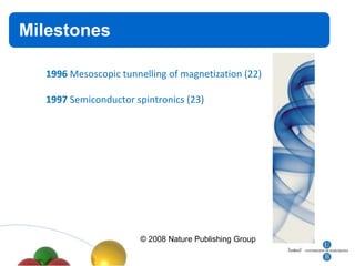 Milestones
Título


   1996 Mesoscopic tunnelling of magnetization (22)

   1997 Semiconductor spintronics (23)




                        © 2008 Nature Publishing Group
 