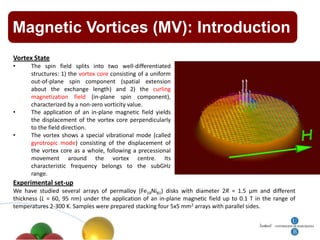 Magnetic Vortices (MV): Introduction
Vortex State
•     The spin field splits into two well-differentiated
      structures: 1) the vortex core consisting of a uniform
      out-of-plane spin component (spatial extension
      about the exchange length) and 2) the curling
      magnetization field (in-plane spin component),
      characterized by a non-zero vorticity value.
•     The application of an in-plane magnetic field yields
      the displacement of the vortex core perpendicularly
      to the field direction.
•     The vortex shows a special vibrational mode (called
      gyrotropic mode) consisting of the displacement of
      the vortex core as a whole, following a precessional
      movement around the vortex centre. Its
      characteristic frequency belongs to the subGHz
      range.
Experimental set-up
We have studied several arrays of permalloy (Fe19Ni81) disks with diameter 2R = 1.5 μm and different
thickness (L = 60, 95 nm) under the application of an in-plane magnetic field up to 0.1 T in the range of
temperatures 2-300 K. Samples were prepared stacking four 5x5 mm2 arrays with parallel sides.
 