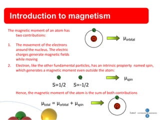 Introduction to magnetism
The magnetic moment of an atom has                   e
    two contributions:
                                                    p                   μorbital
1.   The movement of the electrons
     around the nucleus. The electric
     charges generate magnetic fields
     while moving
2.   Electron, like the other fundamental particles, has an intrinsic propierty named spin,
     which generates a magnetic moment even outside the atom:
                               e            e                           μspin
                           S=1/2         S=-1/2
     Hence, the magnetic moment of the atom is the sum of both contributions
                                                                   e
                    μtotal = μorbital + μspin
                                                                   p
 