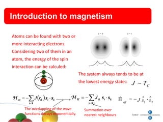 Título
 Introduction               to magnetism
                                                   S   0                   S   1
 Atoms can be found with two or
 more interacting electrons.
 Considering two of them in an
 atom, the energy of the spin
 interaction can be calculed:
                 e                       The system always tends to be at
                 e
                 p                       the lowest energy state::             J ~ TC

                                                                 ˆ                    
                                                                                     ˆ ˆ
                                                                     eff
                                                                                   J s1 s 2
       The overlapping of the wave          Summation over
       functions decays exponentially.      nearest neighbours
 