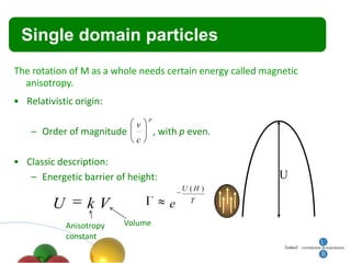 Single domain particles
The rotation of M as a whole needs certain energy called magnetic
  anisotropy.
• Relativistic origin:
                                p
                            v
    – Order of magnitude            , with p even.
                            c

• Classic description:
   – Energetic barrier of height:                           U
                                            U (H )

         U        kV                    e     T


             Anisotropy   Volume
             constant
 