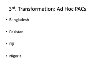 3rd. Transformation: Ad Hoc PACs
• Bangladesh
• Pakistan
• Fiji
• Nigeria
 