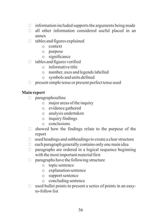 56
ðinformationincludedsupports theargumentsbeingmade
ðall other information considered useful placed in an
annex
ðtablesandfiguresexplained
o context
o purpose
o significance
ðtablesandfiguresverified
o informativetitle
o number,axesandlegendslabelled
o symbols andunitsdefined
ðpresentsimpletenseor presentperfecttenseused
Mainreport
ðparagraphoutline
o majorareasof theinquiry
o evidencegathered
o analysisundertaken
o inquiryfindings
o conclusions
ðshowed how the findings relate to the purpose of the
report
ðused headingsandsubheadingstocreateaclearstructure
ðeachparagraphgenerallycontainsonlyonemainidea
ðparagraphs are ordered in a logical sequence beginning
withthemostimportantmaterialfirst
ðparagraphshavethefollowingstructure
o topicsentence
o explanationsentence
o support sentence
o concludingsentence
ðused bullet points to present a series of points in an easy-
to-followlist
 