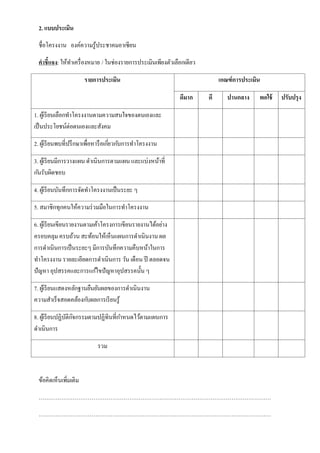 2. แบบประเมิน
ชื่อโครงงาน องค์ความรู ้ประชาคมอาเซียน
คาชี้แจง: ให้ทาเครื่ องหมาย / ในช่องรายการประเมินเพียงตัวเลือกเดียว
รายการประเมิน

เกณฑ์ การประเมิน
ดีมาก

ดี

ปานกลาง

พอใช้

1. ผูเ้ รี ยนเลือกทาโครงงานตามความสนใจของตนเองและ
เป็ นประโยชน์ต่อตนเองและสังคม
2. ผูเ้ รี ยนพบที่ปรึ กษาเพื่อหารื อเกียวก ับการทาโครงงาน
่
3. ผูเ้ รี ยนมีการวางแผน ดาเนินการตามแผน และแบ่งหน้าที่
ก ันรับผิดชอบ
4. ผูเ้ รี ยนบันทึกการจัดทาโครงงานเป็ นระยะ ๆ
5. สมาชิกทุกคนให้ความร่ วมมือในการทาโครงงาน
6. ผูเ้ รี ยนเขียนรายงานตามเค้าโครงการเขียนรายงานได้อย่าง
ครอบคลุม ครบถ้วน สะท้อนให้เห็นแผนการดาเนินงาน ผล
การดาเนินการเป็ นระยะๆ มีการบันทึกความคืบหน้าในการ
ทาโครงงาน รายละเอียดการดาเนินการ วัน เดือน ปี ตลอดจน
ปั ญหา อุปสรรคและการแก ้ไขปั ญหาอุปสรรคนั้น ๆ
7. ผูเ้ รี ยนแสดงหลักฐานยืนยันผลของการดาเนินงาน
ความสาเร็จสอดคล้องก ับผลการเรี ยนรู ้
8. ผูเ้ รี ยนปฏิบติกจกรรมตามปฏิทินที่กาหนดไว้ตามแผนการ
ั ิ
ดาเนินการ
รวม

ข้อคิดเห็นเพิ่มเติม
……………………………………………………………………………………………………………
……………………………………………………………………………………………………………

ปรับปรุง

 