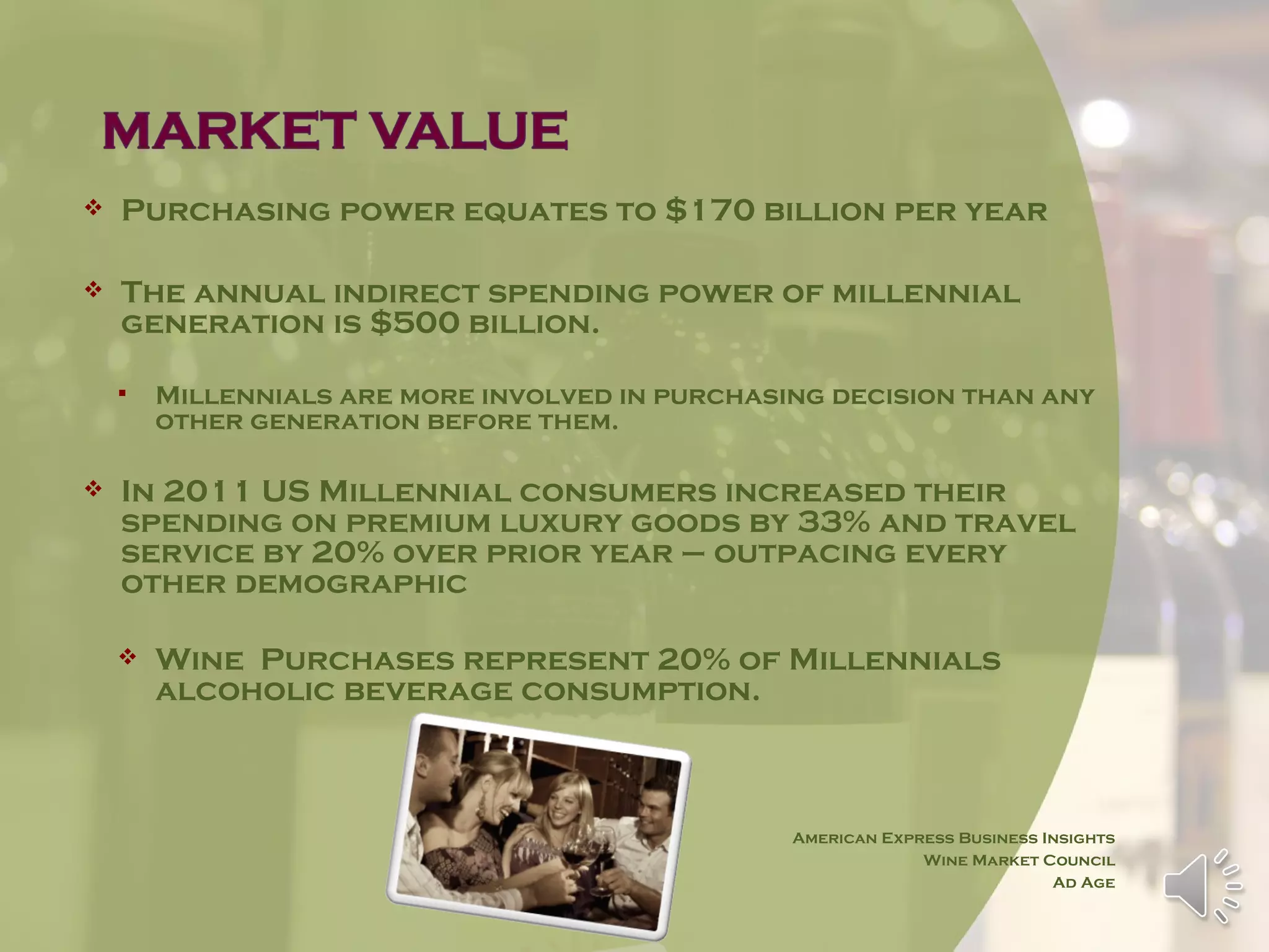    Purchasing power equates to $170 billion per year

   The annual indirect spending power of millennial
    generation is $500 billion.

       Millennials are more involved in purchasing decision than any
        other generation before them.

   In 2011 US Millennial consumers increased their
    spending on premium luxury goods by 33% and travel
    service by 20% over prior year – outpacing every
    other demographic

       Wine Purchases represent 20% of Millennials
        alcoholic beverage consumption.



                                                 American Express Business Insights
                                                              Wine Market Council
                                                                            Ad Age
 