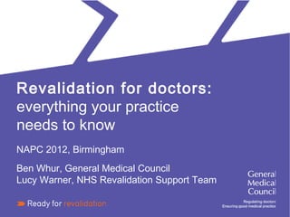 Revalidation for doctors:
everything your practice
needs to know
NAPC 2012, Birmingham
Ben Whur, General Medical Council
Lucy Warner, NHS Revalidation Support Team 
 
