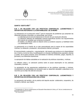 Documento aprobado
por Resolución CFE N° 180/12
NÚCLEOS DE APRENDIZAJES PRIORITARIOS
Ciclo Orientado de Educación Secundaria
EDUCACIÓN FÍSICA

Consejo Federal de Educación

QUINTO / SEXTO AÑO12
EJE 1: EN RELACIÓN CON LAS PRÁCTICAS CORPORALES, LUDOMOTRICES Y
DEPORTIVAS REFERIDAS A LA DISPONIBILIDAD DE SÍ MISMO
La anticipación en la producción motriz13 para la resolución de problemas que presentan las
diferentes prácticas corporales y su aprendizaje, que incluya:
- La celeridad para la toma de decisiones en función de una resolución eficiente
- La utilización selectiva de habilidades motrices específicas acorde a los requerimientos
del conjunto de variables que componen la situación
- El análisis y la reflexión sobre la relación entre su condición corporal, su habilidad motriz
y su desempeño motor.
La participación en el diseño de un plan personalizado para la mejora de las capacidades
motrices, su utilización y evaluación, reconociendo criterios y principios.
El reconocimiento, evaluación y argumentación del impacto que produce en la disponibilidad
de sí mismo y la de los otros, la participación en diversas manifestaciones populares urbanas
y rurales, de la cultura corporal, como actividades en distintos ambientes, juegos, deportes, la
gimnasia y sus diferentes expresiones.
La apropiación de hábitos saludables en la realización de prácticas corporales y motrices.
La reflexión crítica y la valoración positiva sobre el propio desempeño en las prácticas
corporales y motrices.
La apropiación de las experiencias satisfactorias en las prácticas corporales y motrices,
considerando las posibilidades de recreación para su desarrollo saludable y placentero en el
recorrido que se elija más allá de la escuela.
EJE 2: EN RELACIÓN CON LAS PRÁCTICAS CORPORALES, LUDOMOTRICES Y
DEPORTIVAS EN INTERACCIÓN CON OTROS
La apropiación del sentido y de la práctica del deporte escolar -colaborativo, cooperativo, de
inclusión y disfrute- que implica:

12

Corresponde a 5° año en Jurisdicciones con Educación Secundaria de 5 años y a 6° año en Jurisdicciones con
Educación Secundaria de 6 años.
13
Ver nota al pie 8.

10

 