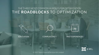 THE THREE MOST COMMON HURDLES FOR OPTIMIZATION
THE ROADBLOCKS TO OPTIMIZATION
PAST EXPERIENCESCOMPLACENCYEDUCATION
© 2017 Store Financial Services UK, Limited
 