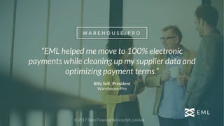 “EML helped me move to 100% electronic
payments while cleaning up my supplier data and
optimizing payment terms.”
Billy Self, President
Warehouse-Pro
W A R E H O U S E - P R O
© 2017 Store Financial Services UK, Limited
 