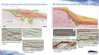 2D Dip seismic section of Punta del Este Basin
Neocomian Lacustrine Fan in half
graben.
Paleocene basin floor fan system
Paleocene Turbidites reworked by
contourite currents
2D Dip seismic section of Pelotas Basin
Early Cretaceous Carbonates in
horst with DHI
High Amplitude Upper Cretaceous
Turbidites
Miocene Turbidites with DHI
 