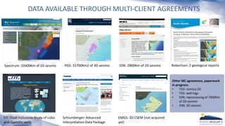 DATA AVAILABLE THROUGH MULTI-CLIENT AGREEMENTS
Spectrum: 10400Km of 2D seismic PGS: 15700Km2 of 3D seismic ION: 2800Km of 2D seismic
Other MC agreemens, paperwork
in progress:
? TGS: ssmica 2D
? TGS: well logs
? ION: reprocessing of 7000Km
of 2D seismic
? ION: 3D seismic
Robertson: 2 geological reports
FIT: Fluid Inclusions Study of Lobo
and Gaviotin wells
Schlumberger: Advanced
Interpretation Data Package
EMGS: 3D CSEM (not acquired
yet)
 