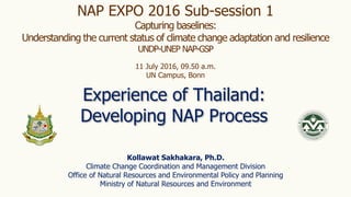 Experience of Thailand:
Developing NAP Process
Kollawat Sakhakara, Ph.D.
Climate Change Coordination and Management Division
Office of Natural Resources and Environmental Policy and Planning
Ministry of Natural Resources and Environment
NAP EXPO 2016 Sub-session 1
Capturing baselines:
Understanding the current status of climate change adaptation and resilience
UNDP-UNEP NAP-GSP
11 July 2016, 09.50 a.m.
UN Campus, Bonn
 