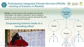 Participatory Integrated Climate Services (PICSA)
- training of trainers in Rwanda
PICSA: provide farmers with weather and climate
information, the skills to interpret it, and a range of
livelihood, crop and livestock options that best fits their
needs and the expected weather.
C
One trainer
trained
Farmer
Farmer
Farmer
Empowering trainers leads to a
cascading effect
Photo: V. Atakos (CCAFS)
 
