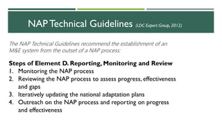 NAP Technical Guidelines (LDC Expert Group, 2012)
The NAP Technical Guidelines recommend the establishment of an
M&E system from the outset of a NAP process:
Steps of Element D. Reporting, Monitoring and Review
1. Monitoring the NAP process
2. Reviewing the NAP process to assess progress, effectiveness
and gaps
3. Iteratively updating the national adaptation plans
4. Outreach on the NAP process and reporting on progress
and effectiveness
 