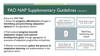 FAO NAP Supplementary Guidelines (FAO, 2017)
Focus of a NAP M&E:
1.Assess the progress, effectiveness and gaps in
identifying and prioritizing adaptation
options for the agriculture sectors
2.Track national progress towards
adaptation targets and national
development goals, through aggregation of
outcomes of adaptation programmes and policies;
3. Monitor and iteratively update the process of
adaptation planning and implementation in the
agriculture sector.
 