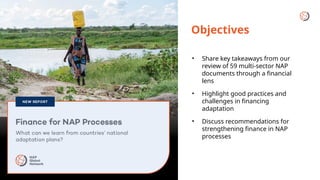 Objectives
• Share key takeaways from our
review of 59 multi-sector NAP
documents through a financial
lens
• Highlight good practices and
challenges in financing
adaptation
• Discuss recommendations for
strengthening finance in NAP
processes
Fibi Afloe, Lensational trainee, Ghana (2021)
 