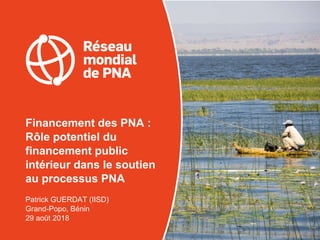 Financement des PNA :
Rôle potentiel du
financement public
intérieur dans le soutien
au processus PNA
Patrick GUERDAT (IISD)
Grand-Popo, Bénin
29 août 2018
 