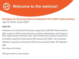 Strategies for financing National Adaptation Plan (NAP) implementation
July 18, 2018 | 12 pm CEST
Agenda:
Introduction to financing NAP processes (Angie Dazé, IISD/NAP Global Network)
GIZ’s support on NAP process financing, including methodologies and linkages to
NDC implementation (Na-Hyeon Shin, GIZ’s Climate Policy Support Programme)
Cambodia’s experience financing the NAP process (Erik Wallin, GIZ Cambodia)
Tajikistan’s experience financing the NAP process (Claudia Haller, GIZ Tajikistan)
Q&A
Next steps and closing
We’ll get started in a few minutes.
Welcome to the webinar!
 