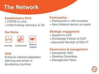 Our ActivitiesThe Network
Established in 2014
» COP20 in Lima
» Initial funding: Germany & US
Our Niche
Goal
Enhance natio...