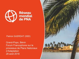 Grand-Popo, Bénin
Forum Francophone sur le
processus de Plans Nationaux
d’Adaptation
28 août 2018
Patrick GUERDAT (IISD)
 