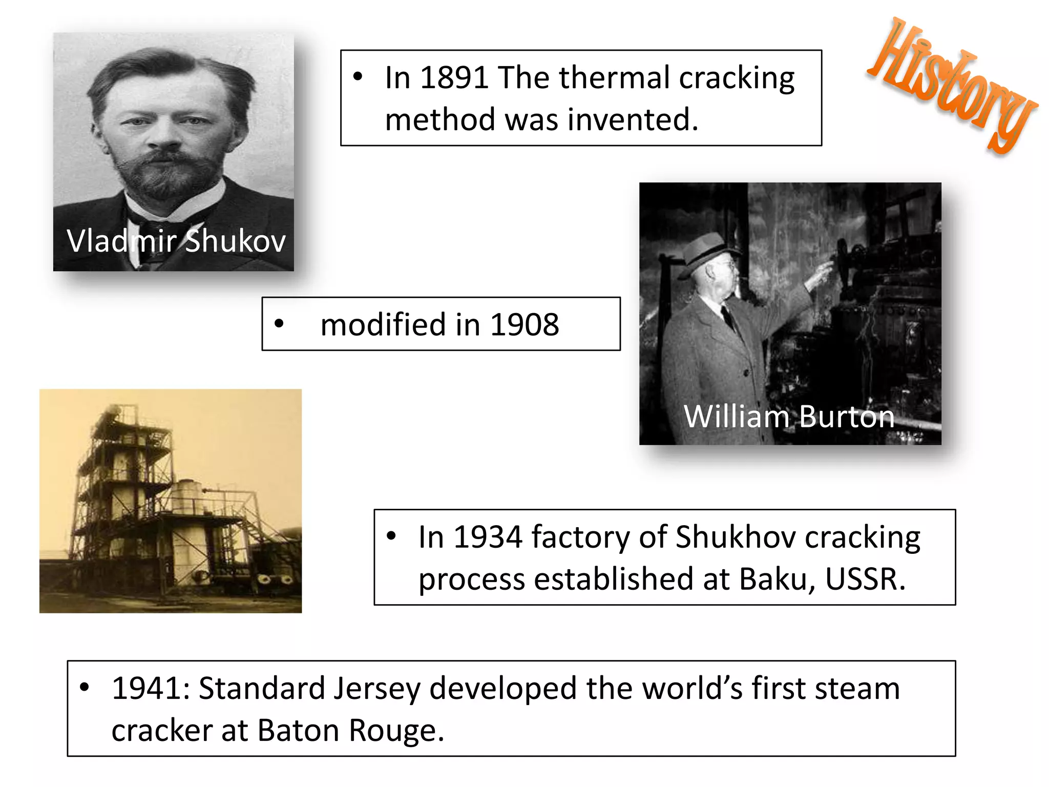 • In 1891 The thermal cracking
                    method was invented.


Vladmir Shukov

             • modified in 1908

                                         William Burton


                     • In 1934 factory of Shukhov cracking
                       process established at Baku, USSR.


• 1941: Standard Jersey developed the world’s first steam
  cracker at Baton Rouge.
 