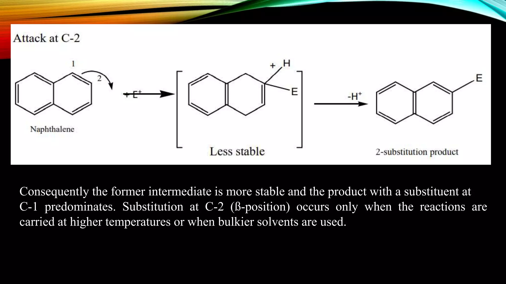 Consequently the former intermediate is more stable and the product with a substituent at
C-1 predominates. Substitution at C-2 (ß-position) occurs only when the reactions are
carried at higher temperatures or when bulkier solvents are used.
 