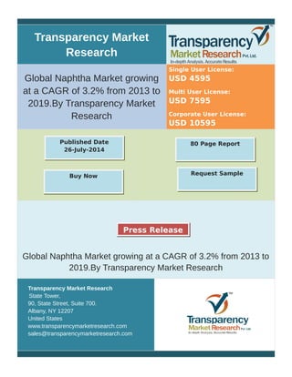 Transparency Market
Research
Global Naphtha Market growing
at a CAGR of 3.2% from 2013 to
2019.By Transparency Market
Research
Single User License:
USD 4595
Multi User License:
USD 7595
Corporate User License:
USD 10595
Global Naphtha Market growing at a CAGR of 3.2% from 2013 to
2019.By Transparency Market Research
Transparency Market Research
State Tower,
90, State Street, Suite 700.
Albany, NY 12207
United States
www.transparencymarketresearch.com
sales@transparencymarketresearch.com
80 Page ReportPublished Date
26-July-2014
Buy Now Request Sample
Press Release
 