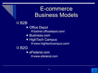 E-commerce Business Models B2B Office Depot bsdnet.officedepot.com/ Business.com HighTech Campus  www.hightechcampus.com/ B2G eFederal.com www.efederal.com 
